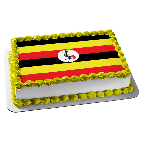 Bandera de Uganda, color negro, amarillo, rayas rojas, gran grulla crestada, decoración comestible para tarta, imagen ABPID13575 