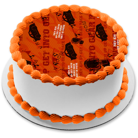 Rev Em Up Get Into Gear Race Day Is Here Race Cars Trophies Edible Cake Topper Image ABPID13576