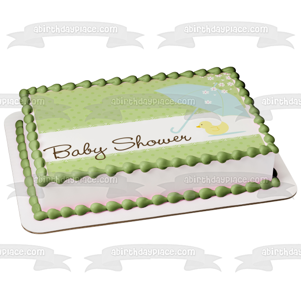 Baby Shower Umbella Azul Flores De Pollito Rosa Fondo De Lunares Verdes Imagen De Adorno Comestible Para Pastel ABPID13405 