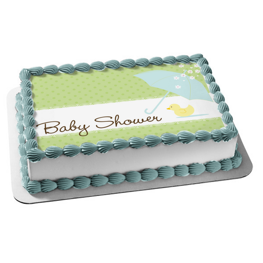 Baby Shower Blue Umbella Pink Baby Chick Flowers Green Polka Dot Background Edible Cake Topper Image ABPID13405