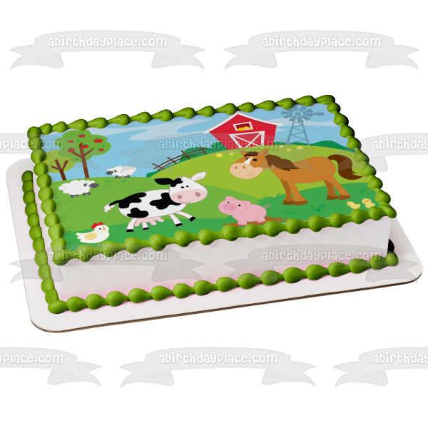 Decoración comestible para tarta con animales de granero, pollo, cerdo, caballo, vaca, corderos, pollitos, granero, imagen ABPID13591 