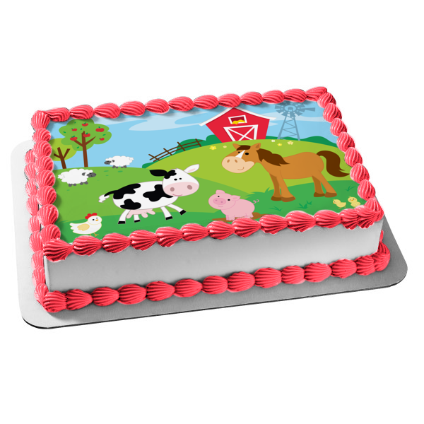 Decoración comestible para tarta con animales de granero, pollo, cerdo, caballo, vaca, corderos, pollitos, granero, imagen ABPID13591 