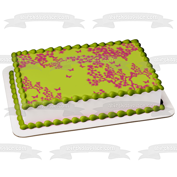 Adorno comestible para tarta con diseño de árbol morado y mariposa, fondo verde, imagen ABPID13409 