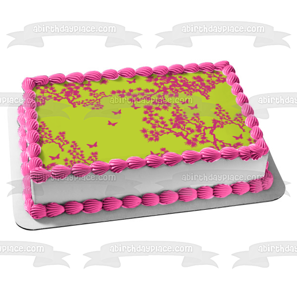 Adorno comestible para tarta con diseño de árbol morado y mariposa, fondo verde, imagen ABPID13409 