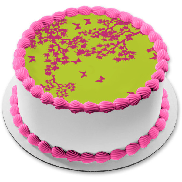 Adorno comestible para tarta con diseño de árbol morado y mariposa, fondo verde, imagen ABPID13409 