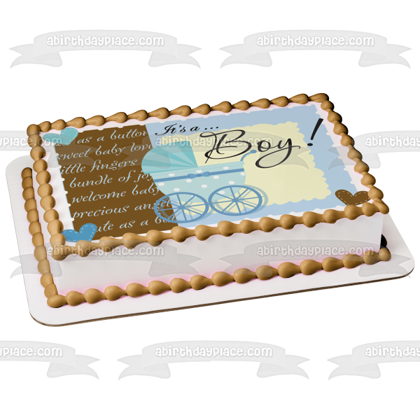 Baby Shower Es un niño Cochecito azul Corazones azules Adorno comestible para tarta Imagen ABPID13600 