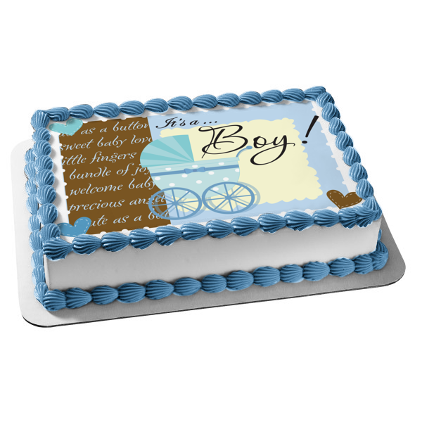 Baby Shower Es un niño Cochecito azul Corazones azules Adorno comestible para tarta Imagen ABPID13600 