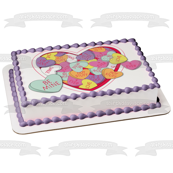 Feliz día de San Valentín Corazones de caramelo Be Mine Love Hot Stuff Edible Cake Topper Imagen ABPID13412 