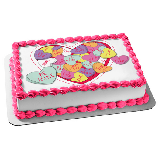 Happy Valentine's Day Candy Hearts Be Mine Love Hot Stuff Edible Cake Topper Image ABPID13412