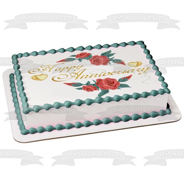 Feliz aniversario, rosas rojas, corazones dorados, decoración comestible para tarta, imagen ABPID13601 