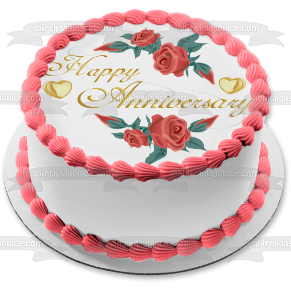 Feliz aniversario, rosas rojas, corazones dorados, decoración comestible para tarta, imagen ABPID13601 