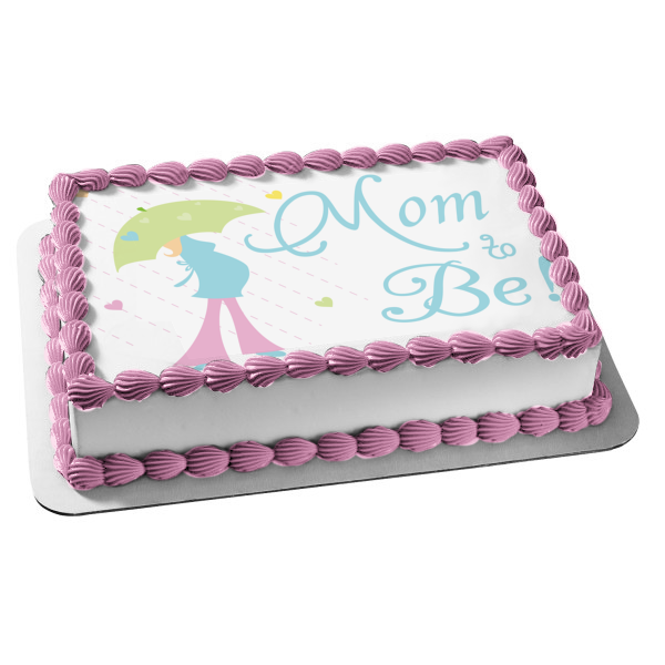 Baby Shower Mom to Be Pregnant Mom Umbrella Raining Hearts Edible Cake Topper Image ABPID13422