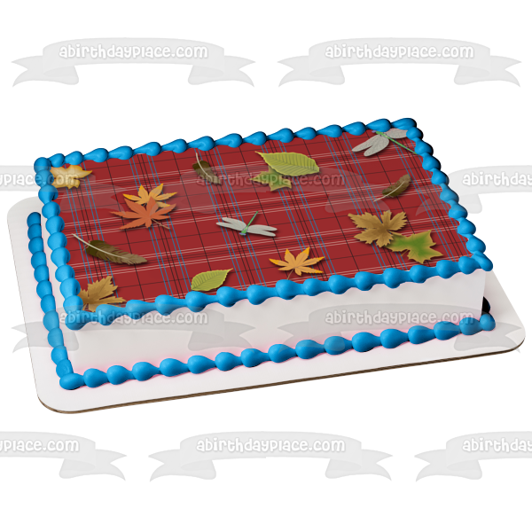 Plaid Red White Blue Black Pattern Leaves Dragonflies Edible Cake Topper Image ABPID13445