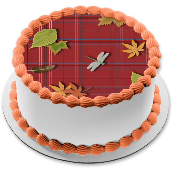 Plaid Red White Blue Black Pattern Leaves Dragonflies Edible Cake Topper Image ABPID13445