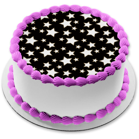 White Stars Black Background Pattern Edible Cake Topper Image ABPID13454