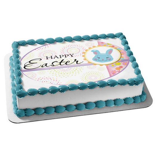 Happy Easter Blue Bunny Flowers Edible Cake Topper Image ABPID13455