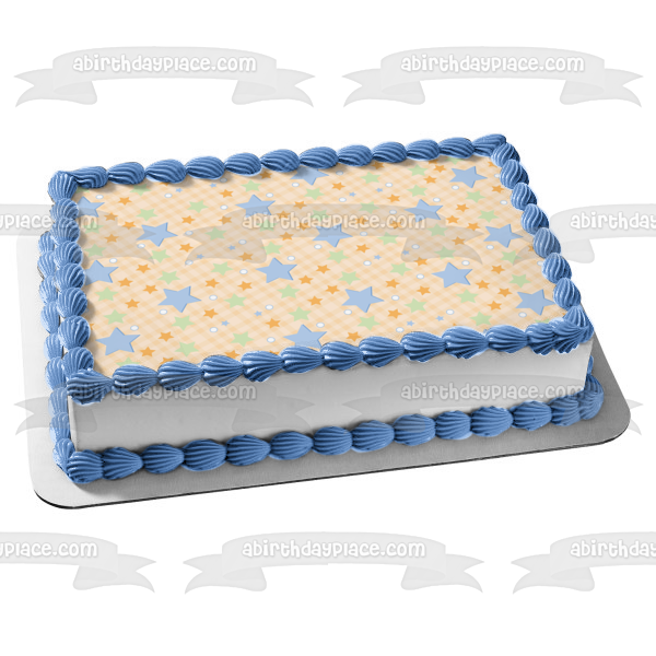 Diagonal Pink Squares Colorful Stars on Top Edible Cake Topper Image ABPID13463