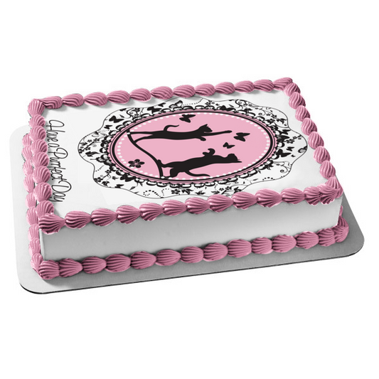 Have a Purrfect Day Cats Butterflies Pink Background Edible Cake Topper Image ABPID13469