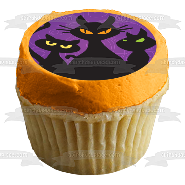 Happy Halloween Black Cats Purple Swirl Background Edible Cake Topper Image ABPID13479