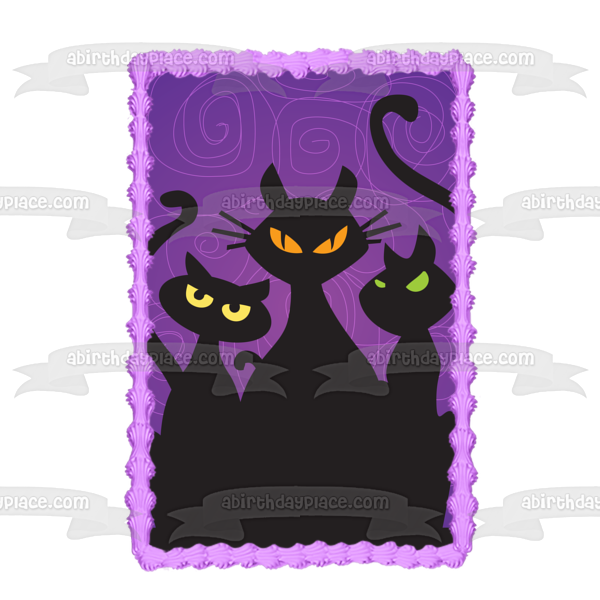 Happy Halloween Black Cats Purple Swirl Background Edible Cake Topper Image ABPID13479