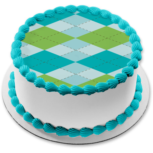 Argyle Pattern Blue Green Light Blue Edible Cake Topper Image ABPID13495