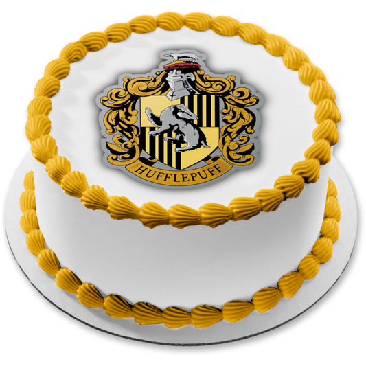 Adorno comestible para tarta con escudo de Harry Potter Hogwarts Hufflepuff, imagen ABPID15311 