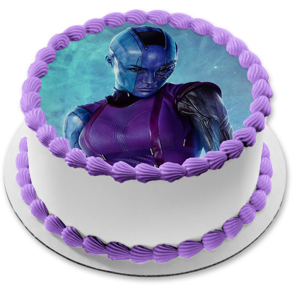 Marvel Nebula Assassin Blue Background Edible Cake Topper Image ABPID15430