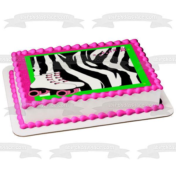 Roller Skates Pink and White Zebra Print Background Pink Edges Edible Cake Topper Image ABPID21591