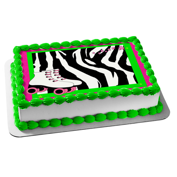 Roller Skates Pink and White Zebra Print Background Pink Edges Edible Cake Topper Image ABPID21591