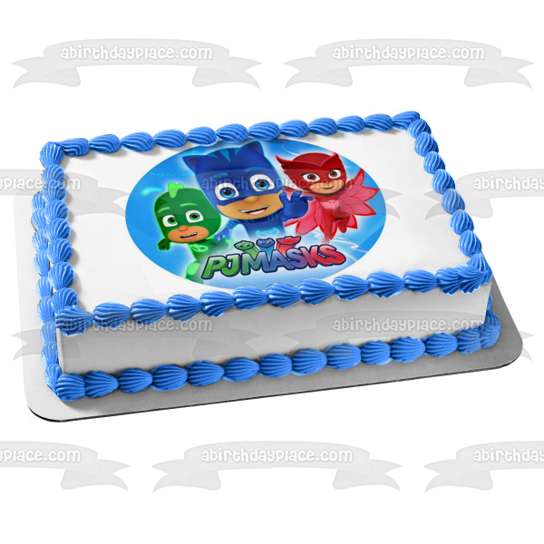 Pj Masks Cat Boy Gekko Owlette Fondo azul Adorno comestible para tarta Imagen ABPID21769 