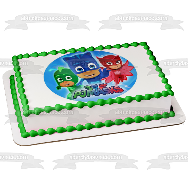 Pj Masks Cat Boy Gekko Owlette Fondo azul Adorno comestible para tarta Imagen ABPID21769 