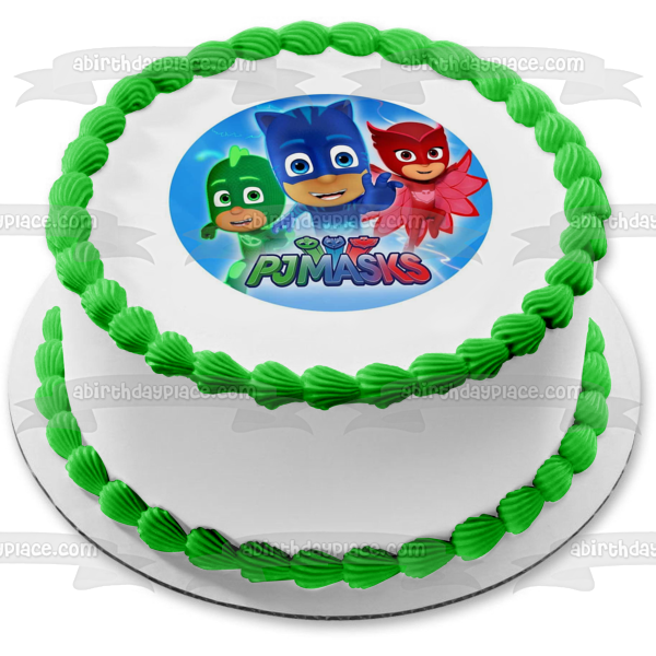 Pj Masks Cat Boy Gekko Owlette Fondo azul Adorno comestible para tarta Imagen ABPID21769 