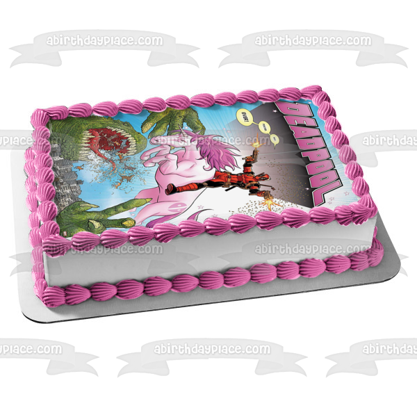 Deadpool Riding Purple Horse and Shooting at a Green Dinosaur Edible Cake Topper Image ABPID21780