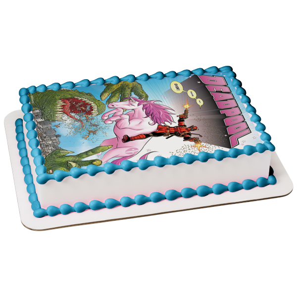 Deadpool Riding Purple Horse and Shooting at a Green Dinosaur Edible Cake Topper Image ABPID21780