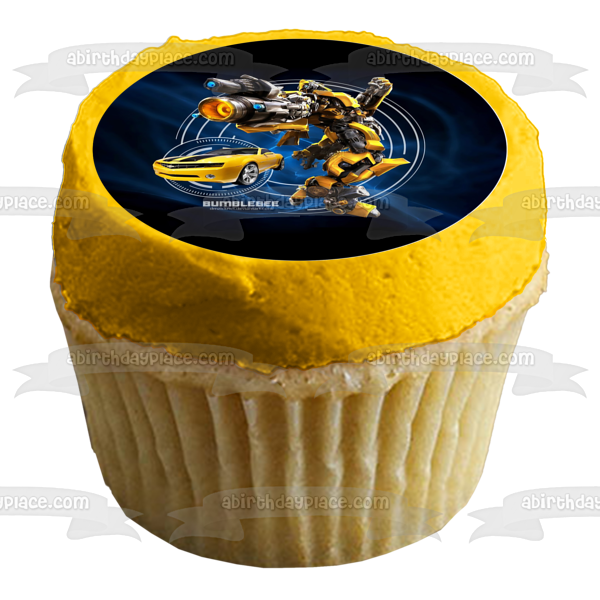 Transformers Bumblebee Yellow Camaro Blue Background Edible Cake Topper Image ABPID21807