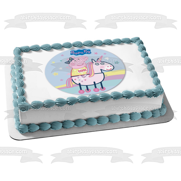 Peppa Pig montando unicornio estrellas arcoíris adorno comestible para tarta imagen ABPID21809 