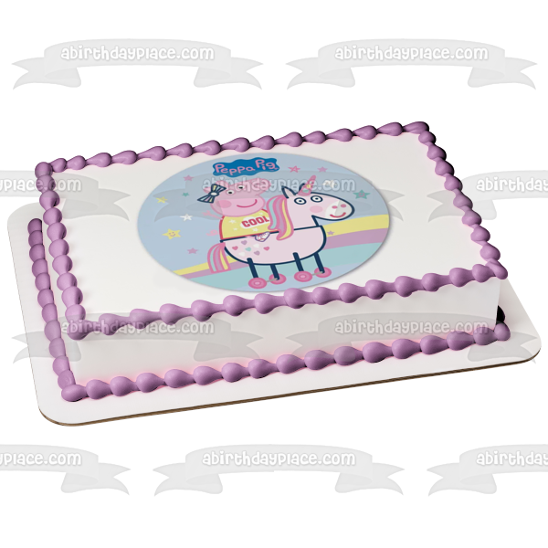 Peppa Pig montando unicornio estrellas arcoíris adorno comestible para tarta imagen ABPID21809 