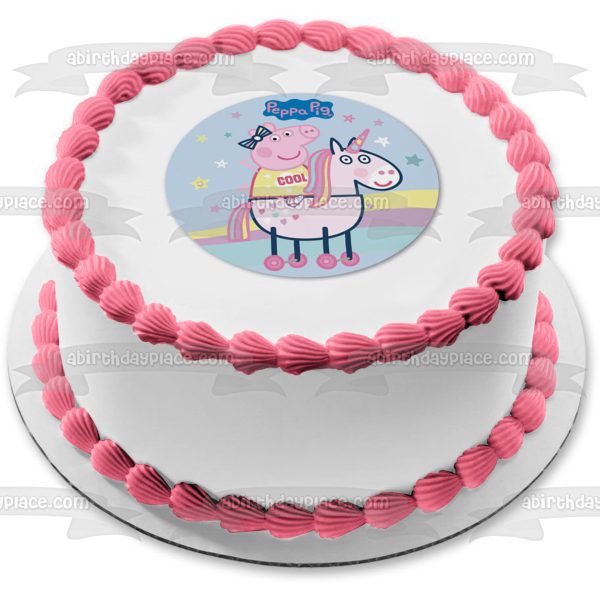 Peppa Pig montando unicornio estrellas arcoíris adorno comestible para tarta imagen ABPID21809 