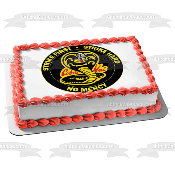 Cobra Kai Snake "Strike First Strike Hard No Mercy" Imagen comestible para decoración de tarta ABPID54073 