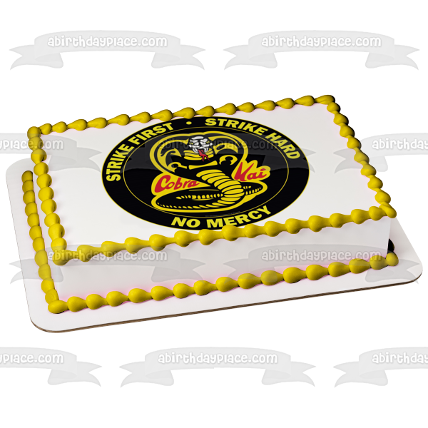 Cobra Kai Snake "Strike First Strike Hard No Mercy" Imagen comestible para decoración de tarta ABPID54073 