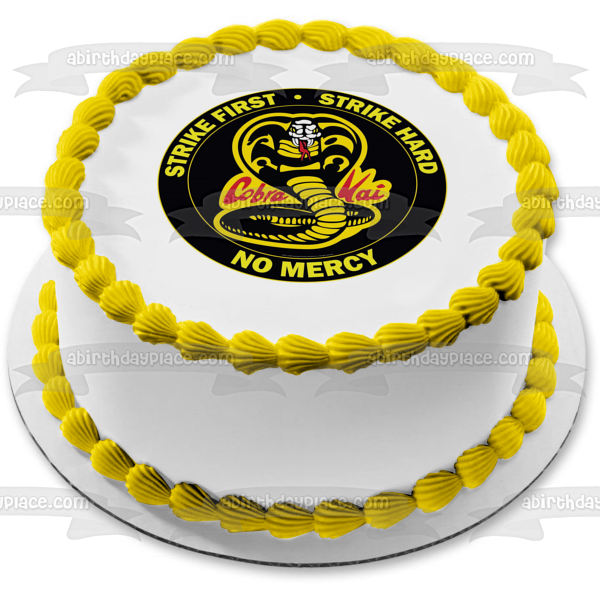 Cobra Kai Snake "Strike First Strike Hard No Mercy" Imagen comestible para decoración de tarta ABPID54073 