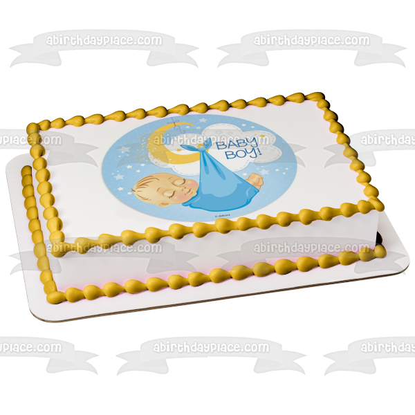 Baby Shower Baby Boy In Blanket Moon Stars Cloud Edible Cake Topper Image ABPID21819