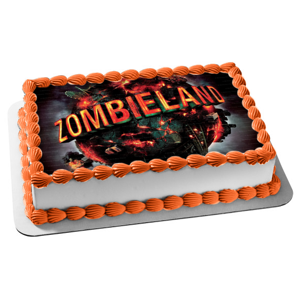 Zombie Land Logo Exploding Fiery Planet Edible Cake Topper Image ABPID21829