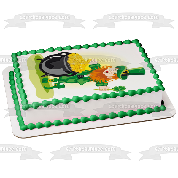 St. Patricks Day Cartoon Leprechaun Pot of Gold 4 Leaf Clover Edible Cake Topper Image ABPID22063