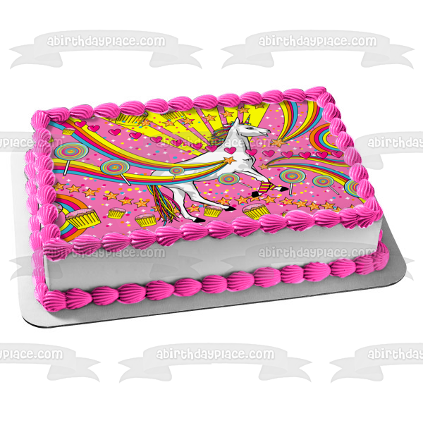 Unicornio, arcoíris, piruletas, cupcakes, corazones, decoración comestible para tarta, imagen ABPID21891 