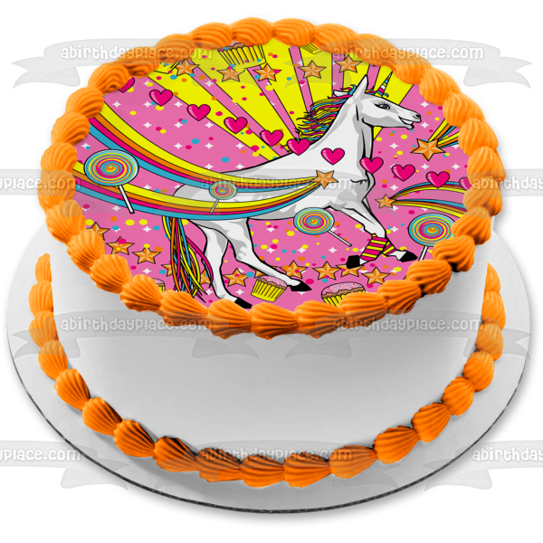 Unicornio, arcoíris, piruletas, cupcakes, corazones, decoración comestible para tarta, imagen ABPID21891 