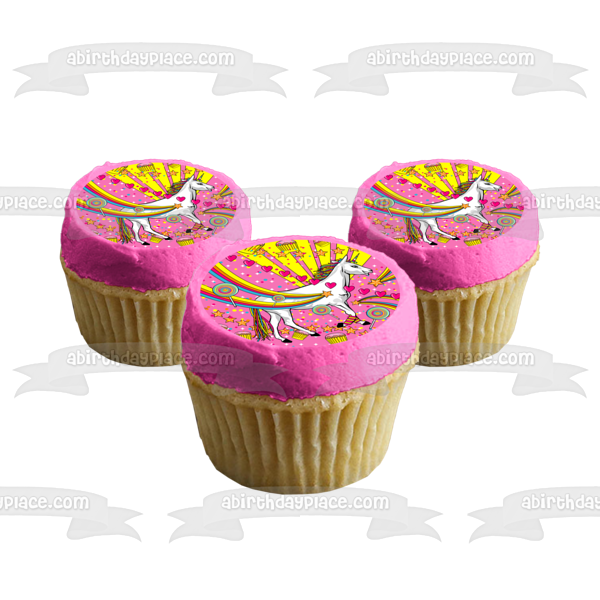 Unicornio, arcoíris, piruletas, cupcakes, corazones, decoración comestible para tarta, imagen ABPID21891 