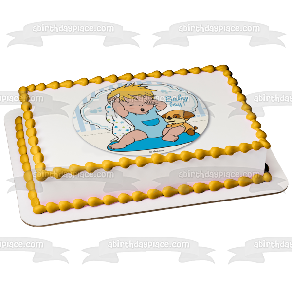 Baby Boy Cartoon Toy Puppy Blue Hearts Edible Cake Topper Image ABPID22104