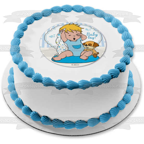 Baby Boy Cartoon Toy Puppy Blue Hearts Edible Cake Topper Image ABPID22104