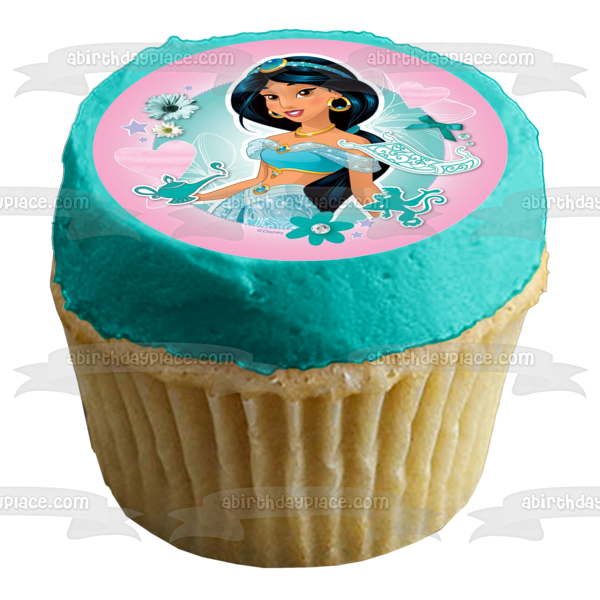 Princesa Disney Jasmine Aladdin Flores Corazones Fondo Rosa Adorno Comestible Para Pastel Imagen ABPID21893 